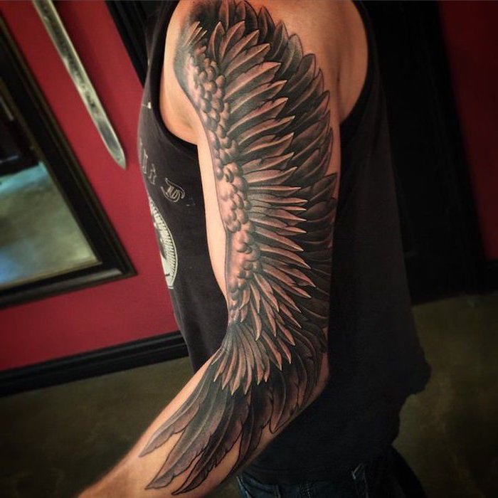 arm sleeve tattoo, fallen angel tattoo, angel wing, man with black top, red background