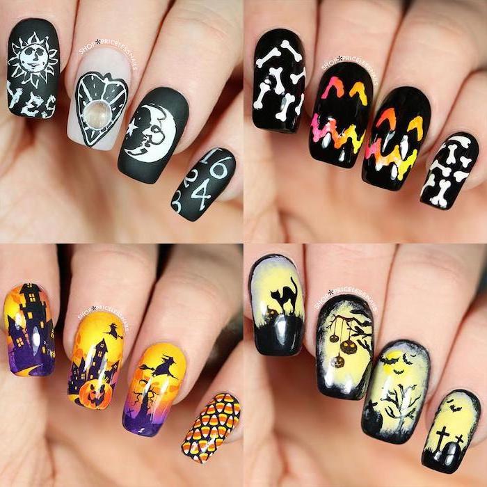 photo collage, different designs, halloween nail ideas, spooky forrest, flying witches, pumpkin decorations, squoval nails