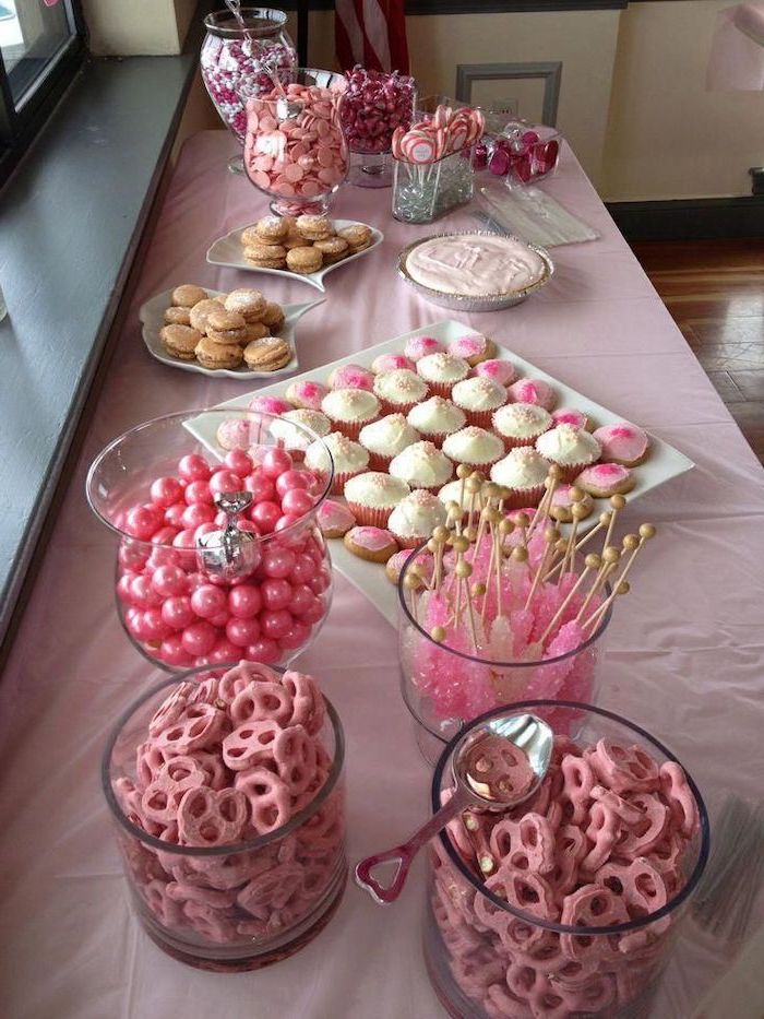 dessert table, sweet pretzels, cupcakes and cookies, girl baby shower, candy jars, pink theme