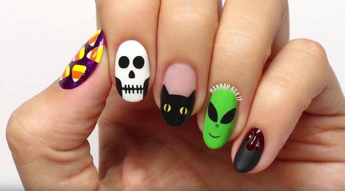 different decorations, on each nail, halloween nail ideas, candy corn, skeleton and cat, alien and candy corn