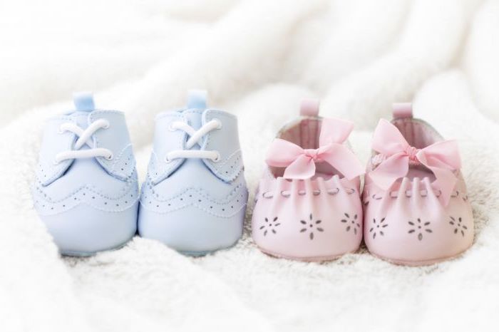 blue and pink, baby shoes, on a white blanket, gender reveal balloons