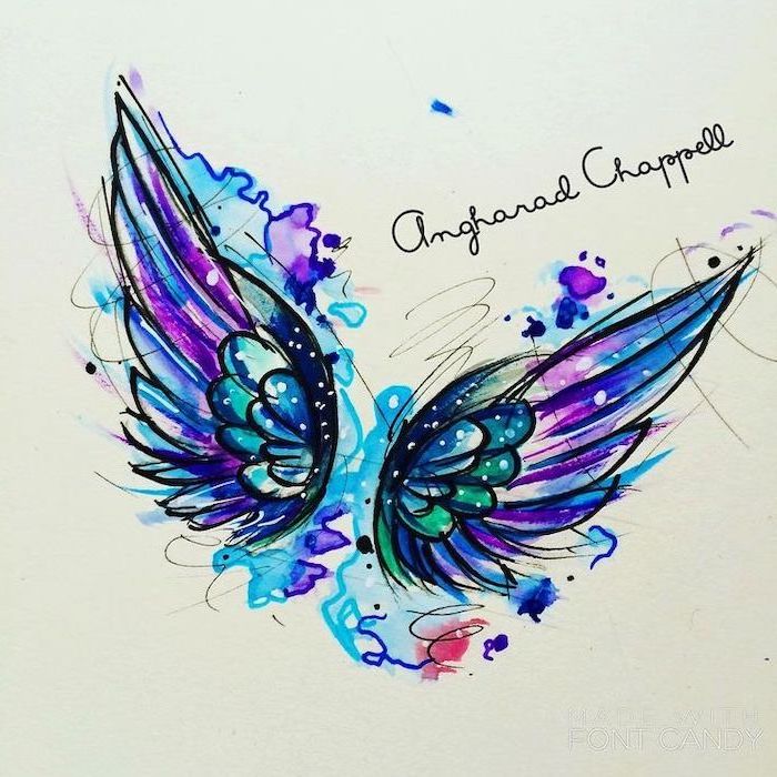 watercolor drawing, angel wings, angel wings tattoo on back, blue and purple, red and green colors, white background