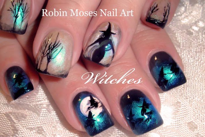 short square nails, cute acrylic nail designs, blue glitter, white glitter, nail polish, black witches, flying over the moon decorations