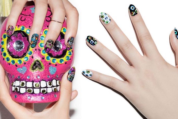 colorful skull, nail design, skull decorations, cute acrylic nail designs, squoval nails, spooky eyes decorations