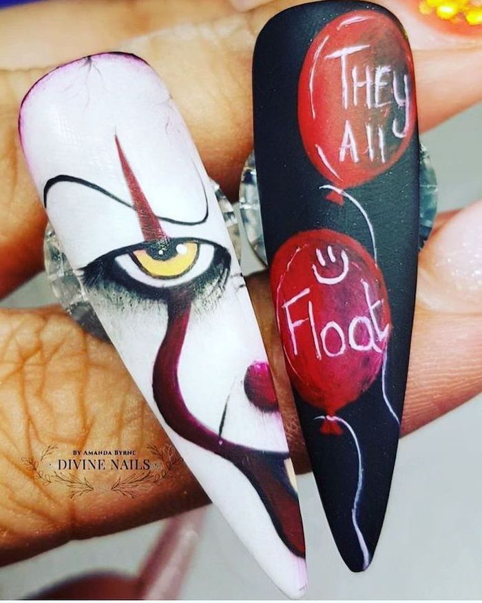 black and gold nail designs, it movie inspired, red balloons, they all float, pennywise decorations, long stiletto nails