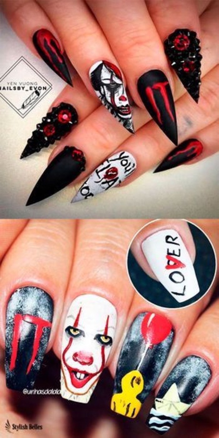 two different designs, inspired by it the movie, black and gold nail designs, pennywise and georgie, red balloons