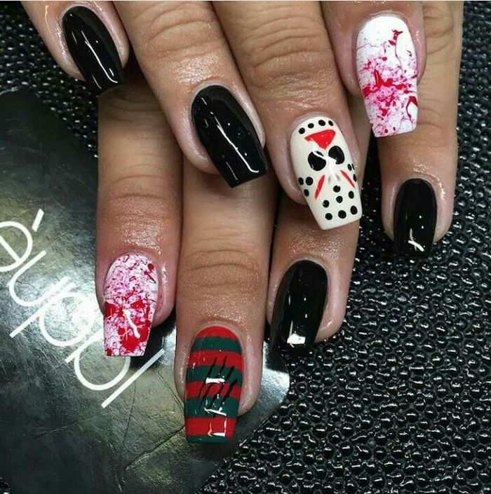 black nail polish, cute acrylic nail ideas, jason voorhees, bloody decorations, squoval nails