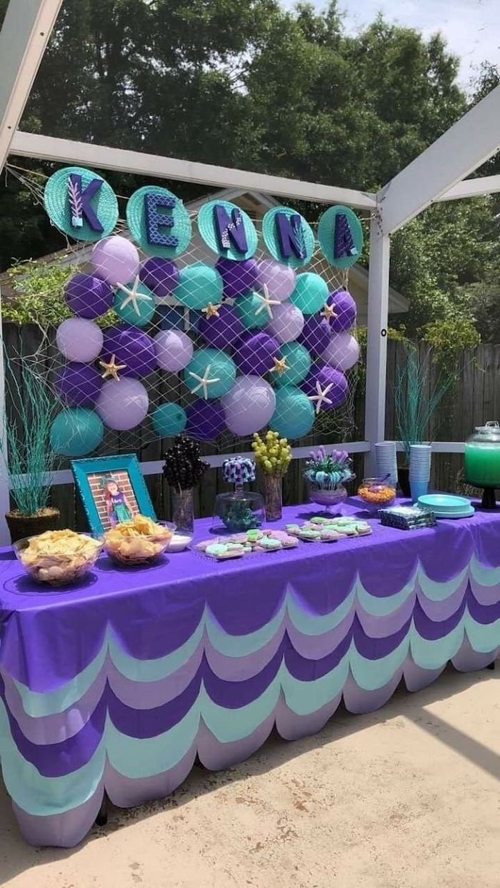 purple and turquoise decor, baby shower centerpieces girl, mermaid theme, dessert table