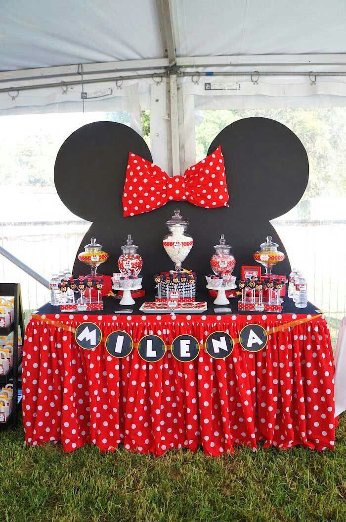 minnie mouse theme, black and red decor, mermaid baby shower, dessert table, candy jars, cake pops