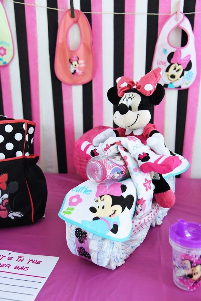 minnie mouse theme, hanging bibs, baby shower decoration ideas for girl, pink black and white decor