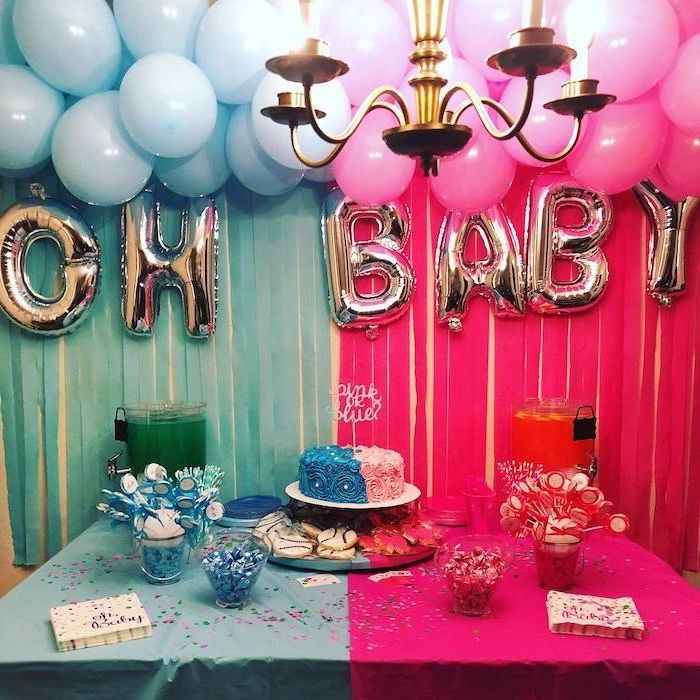 pink and blue balloons, gender reveal ideas for family, pink and blue and cake, dessert table