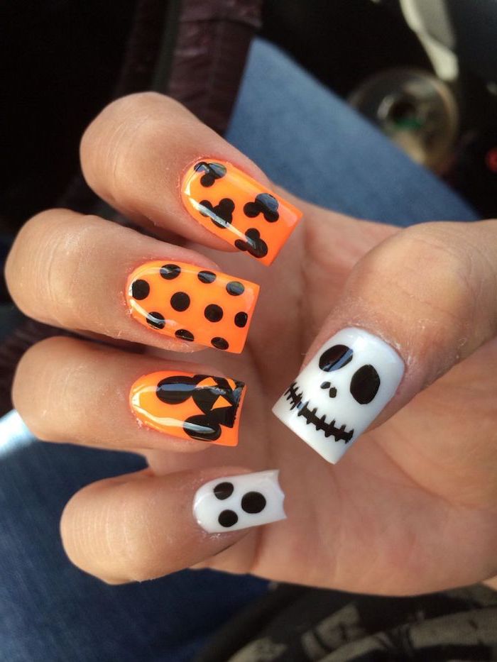 orange and white, nail polish, black skull and ghost decorations, cute acrylic nail ideas, square nail