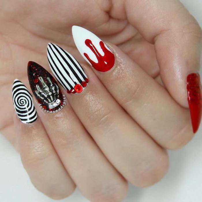 black and white, striped nail polish, stiletto nails, cute halloween nails, red nail polish, dripping down