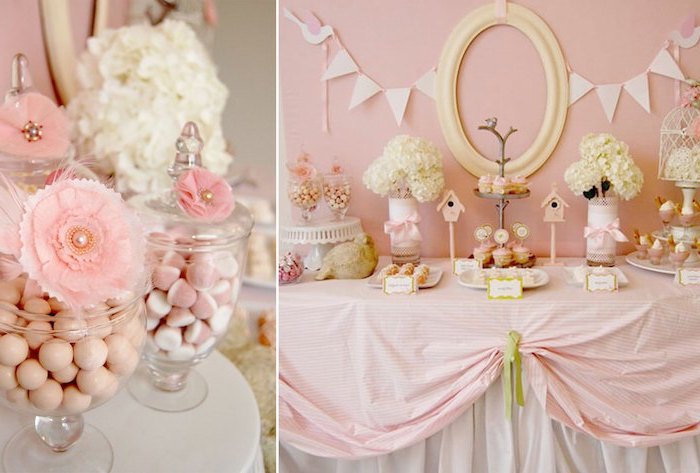 candy jars, dessert table, side by side photos, baby shower themes, pink decorations, little bird theme