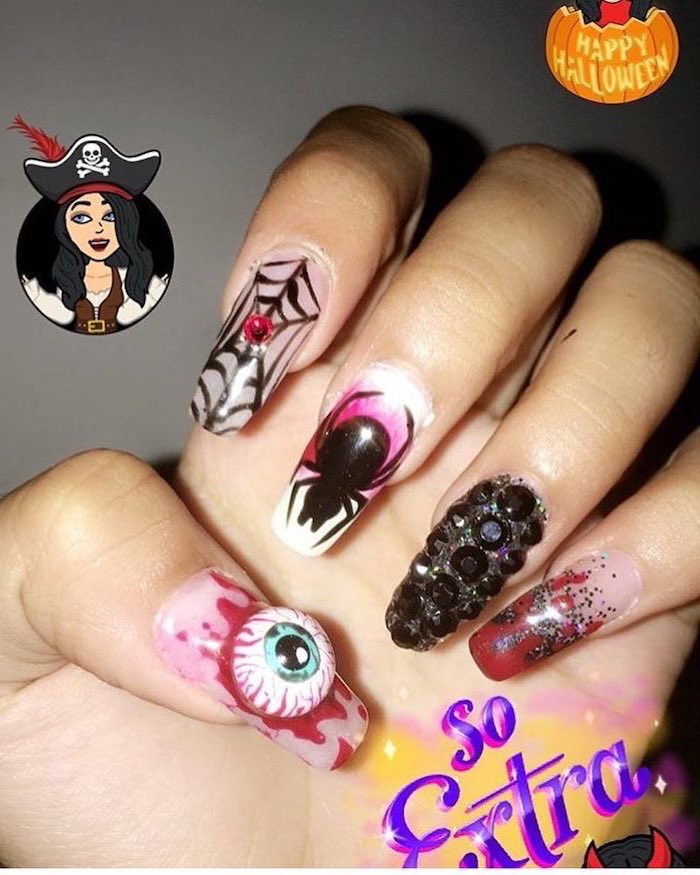 long squoval nails, october nails, spider webs, eyes and spiders decorations, black rhinestones