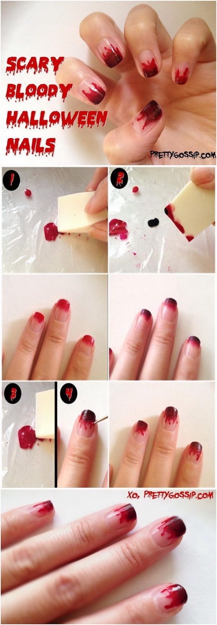 scary bloody halloween nails, step by step, diy tutorial, candy corn nails, red nail polish