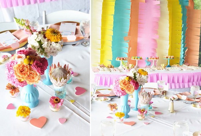 colorful decor, paper garlands, flower bouquets, places to have a baby shower, table setting, dessert table
