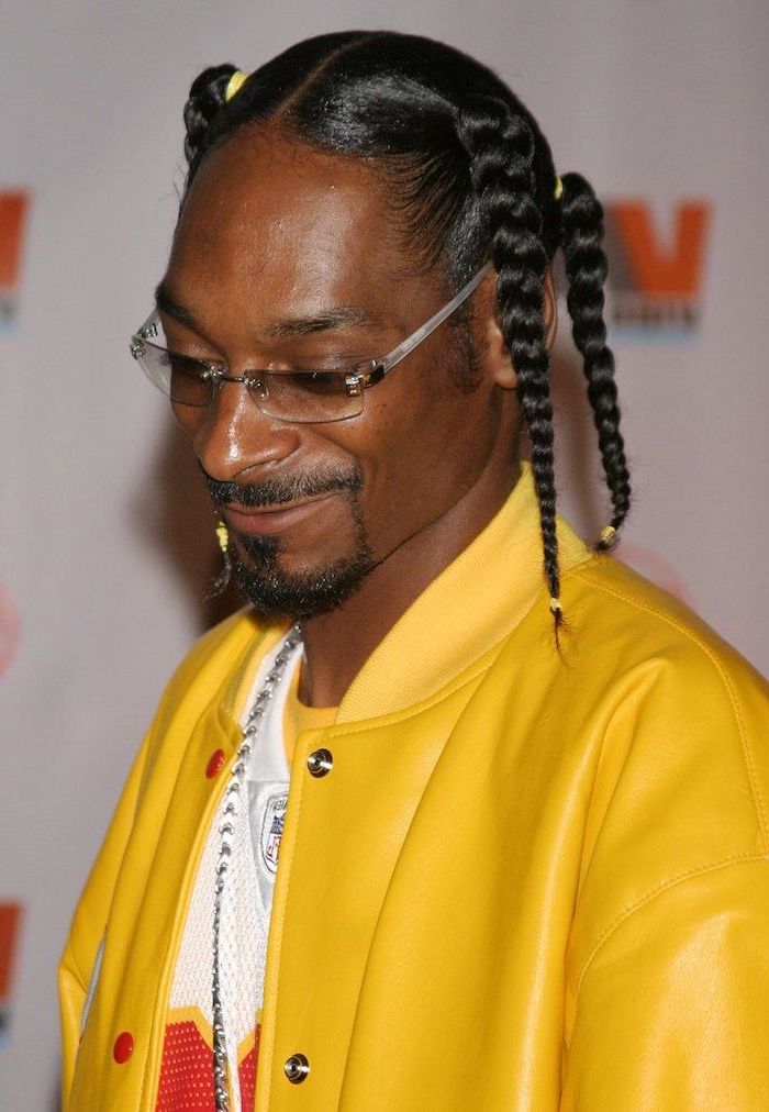 snoop dogg, wearing a leather yellow jacket, black hair, braids hairstyles 2019, white t shirt