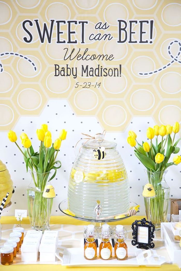 sweet as can bee theme, yellow tulips bouquet, places to have a baby shower, large lemonade stand