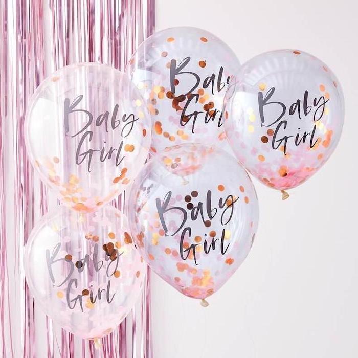 baby girl, transparent balloons, gold confetti inside, baby shower themes for girls, pink garland