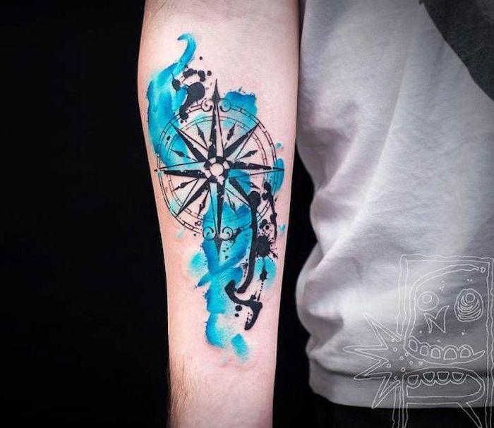 watercolor tattoo, blue color, compass tattoo forearm, black background, white t shirt