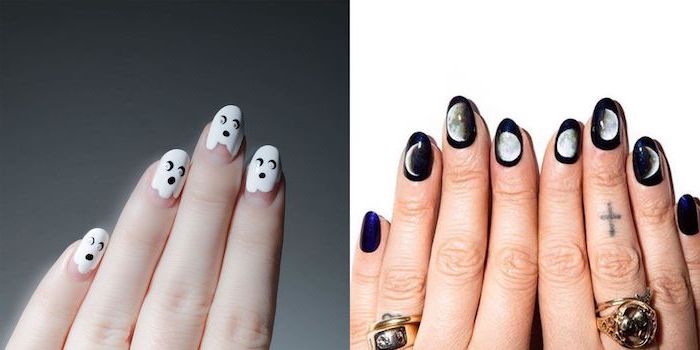 side by side photos, two different designs, black and white nail polish, almond nails, phases of the moon, orange ombre nails