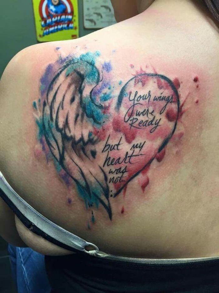 your wings were ready, but my heart was not, watercolor tattoo, heart shaped wings, wings neck tattoo