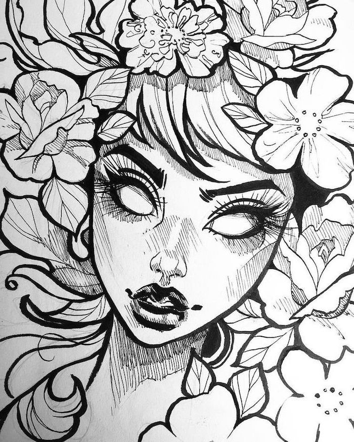 female fave, surrounded by flowers, how to draw a rose step by step, black and white, pencil sketch