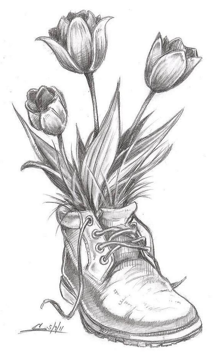 boot filled with tulips, black and white, pencil sketch, how to draw a sunflower, white background