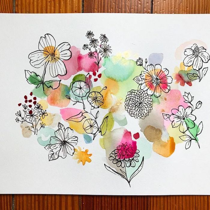 simple flower drawing, wooden table, watercolor painting, different flowers, on a white background