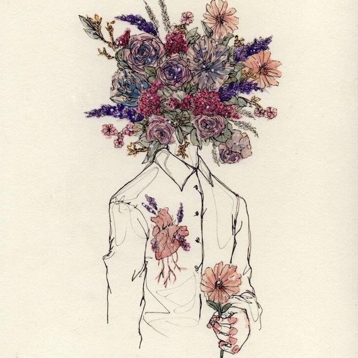 man holding a flower, with flowers instead of head, simple flower drawing, flowers coming out of his heart