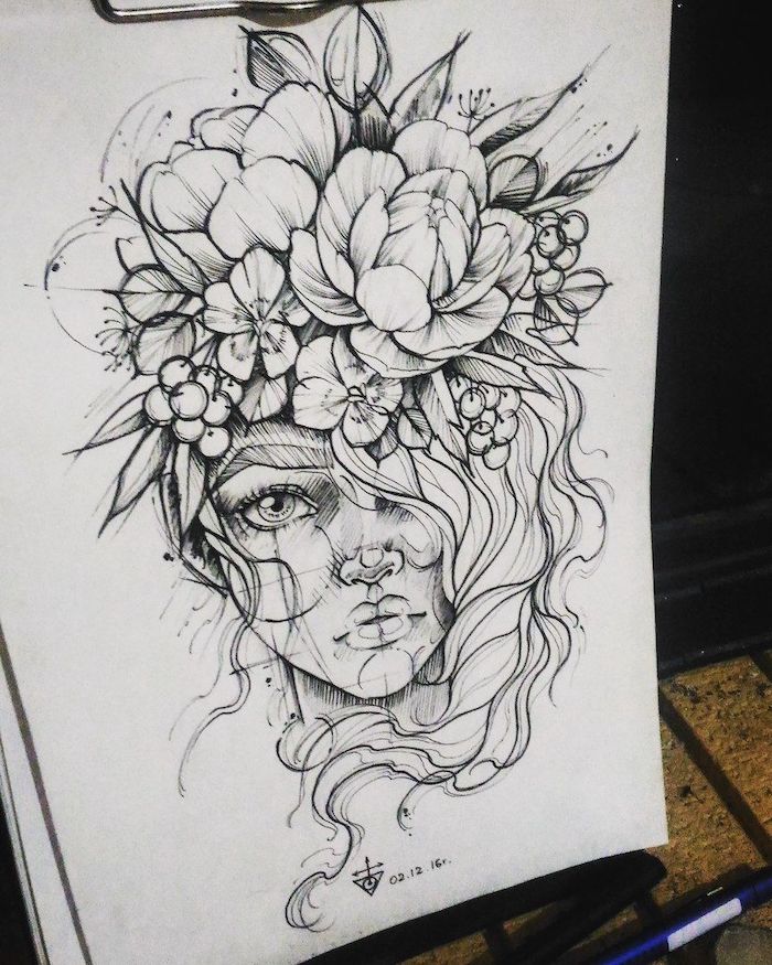 black and white, pencil sketch, cool designs to draw, woman with a large, flower crown