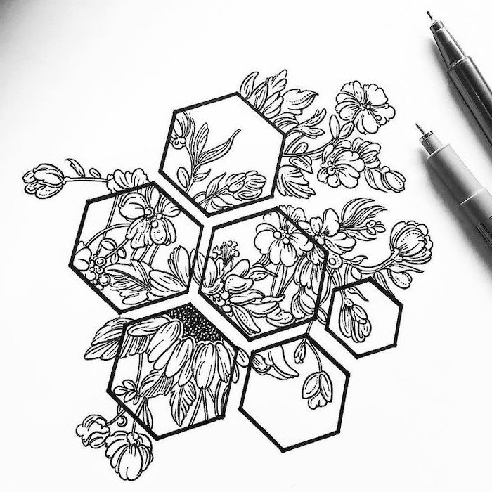 honeycomb shapes, simple rose drawing, a bunch of flowers, black pencil sketch, white background