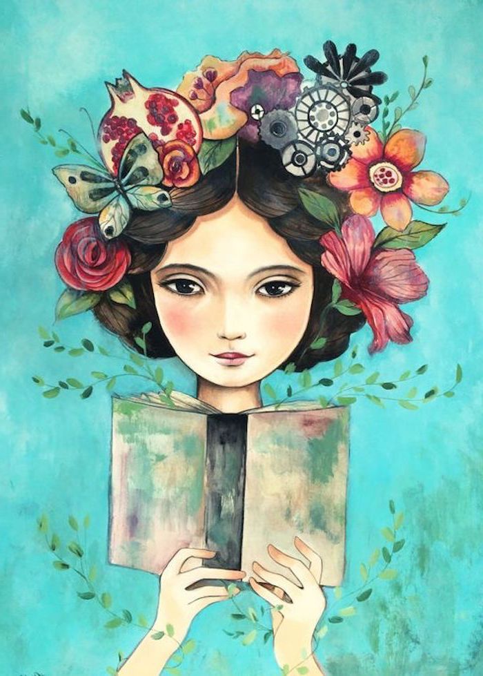 girl with black hair, large flower crown, holding an open book, simple rose drawing, turquoise background