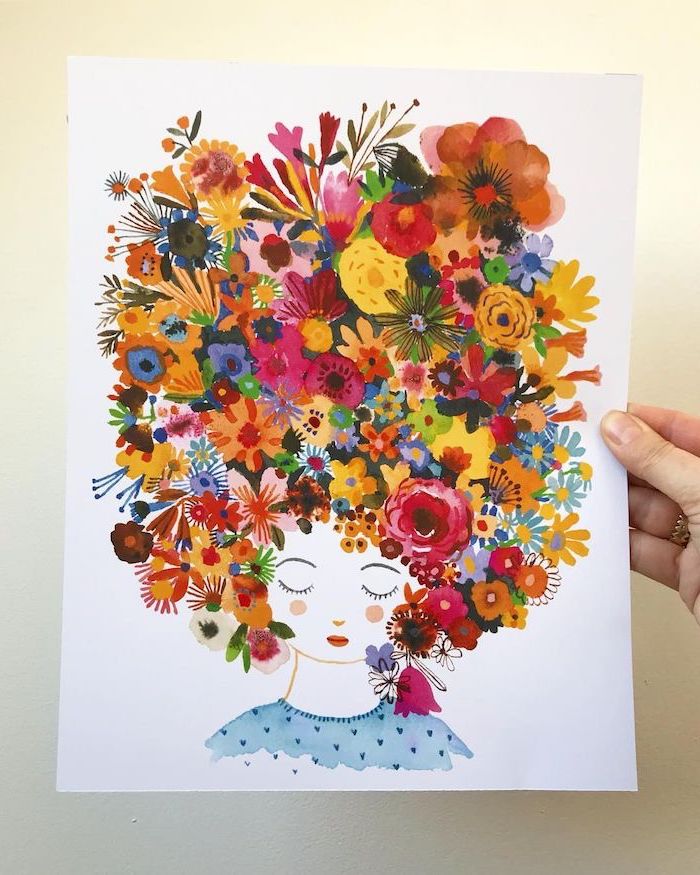 girl with closed eyes, large flower crown, simple rose drawing, white background, watercolor painting