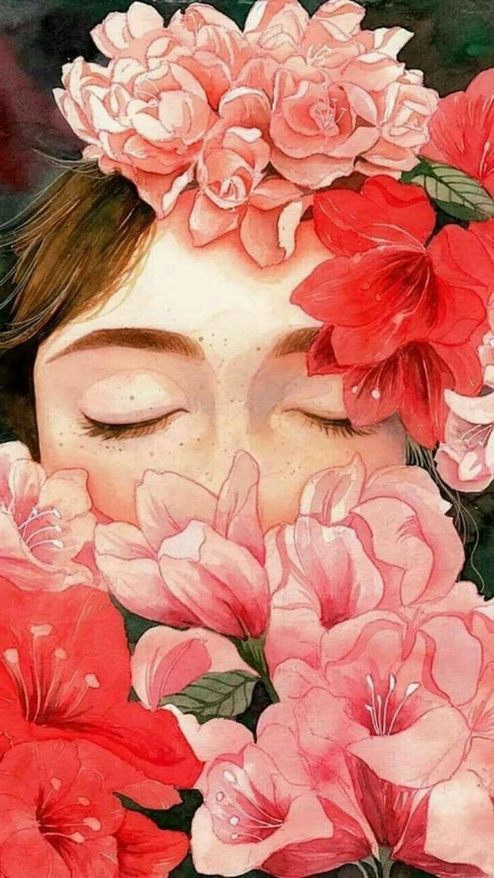 how to draw a rose easy, girl with closed eyes, surrounded by flowers, in pink and red, colored painting