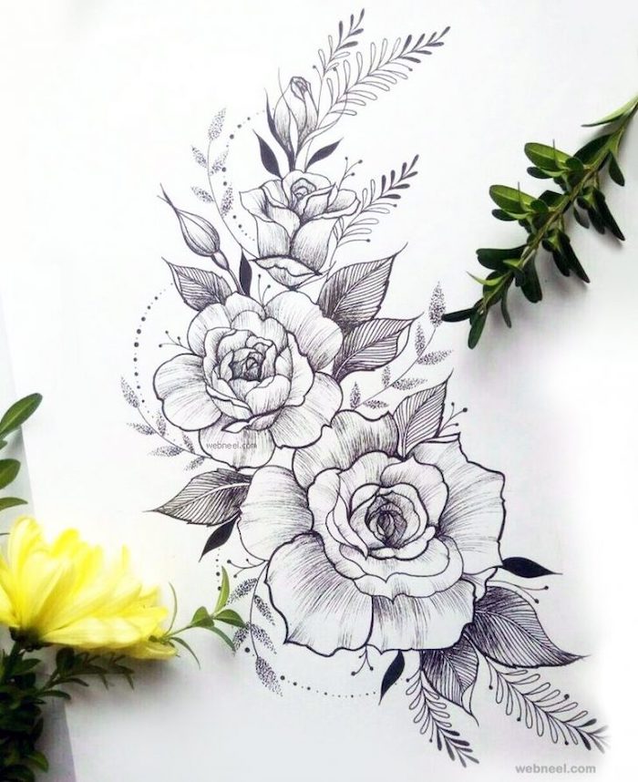 a bunch of roses, black pencil sketch, white background, rose drawing step by step, real yellow flower, on the side