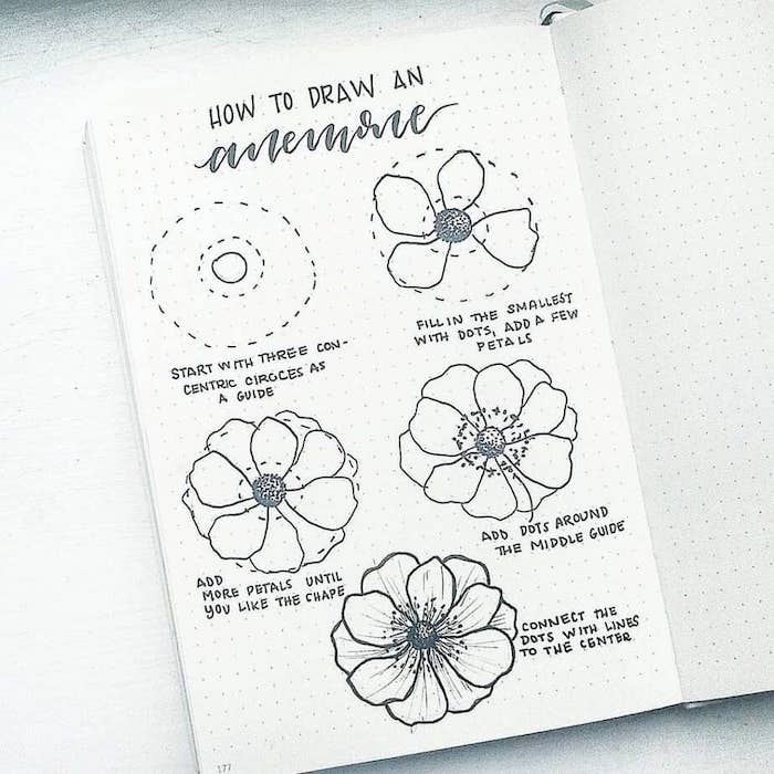 step by step, diy tutorial, how to draw a flower easy, white background, bullet journal