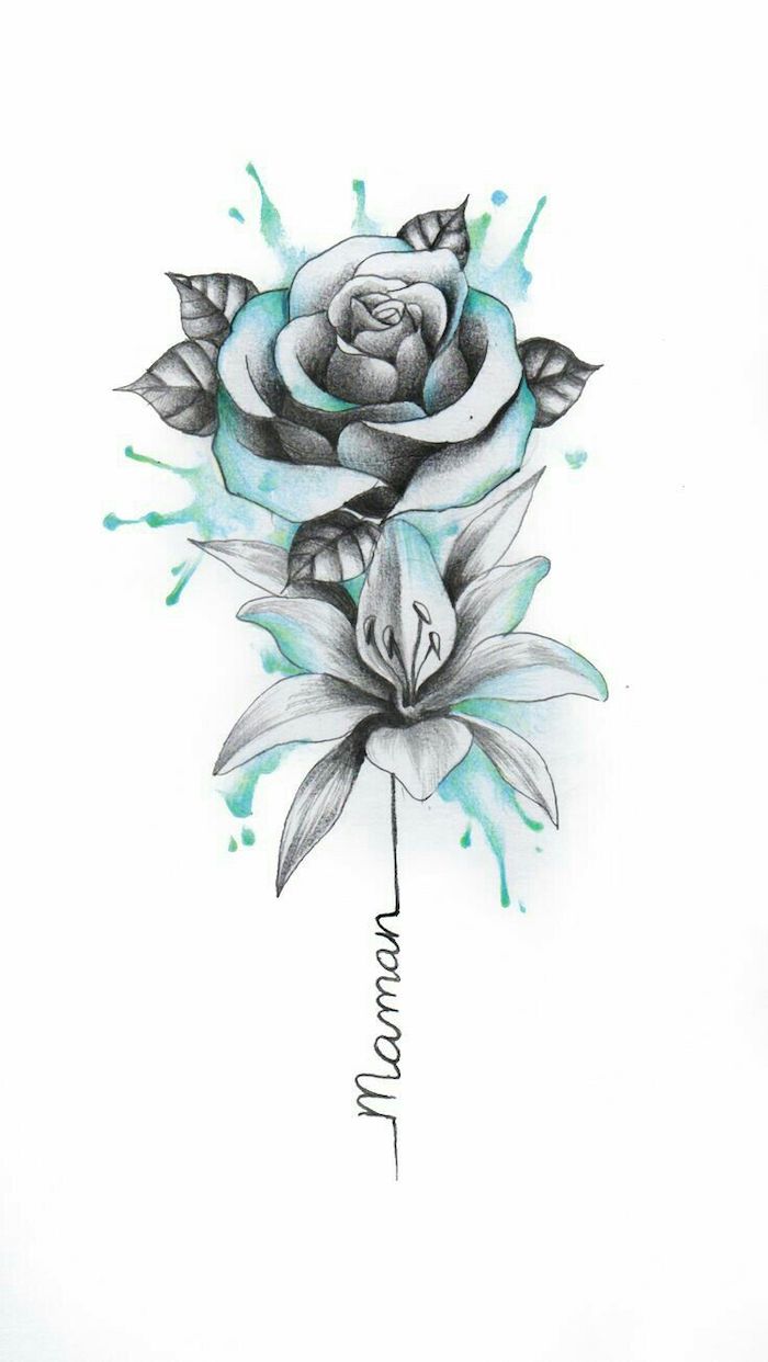 watercolor painting, rose and orchid, in blue and black, on white background, how to draw a flower step by step
