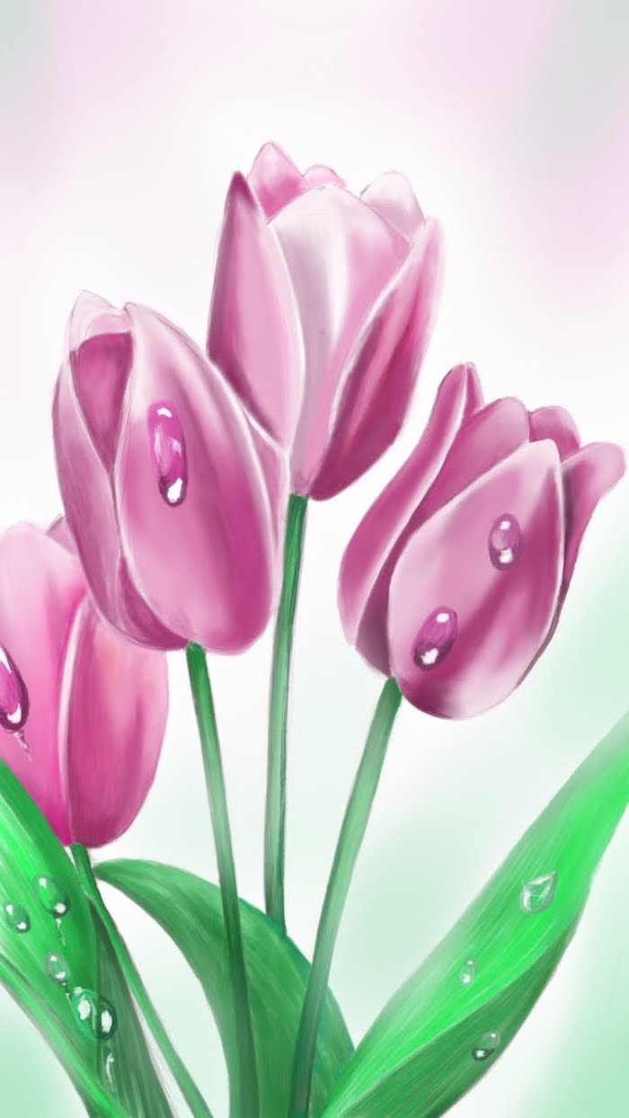 four pink tulips, how to draw a flower step by step, colored painting, pink background