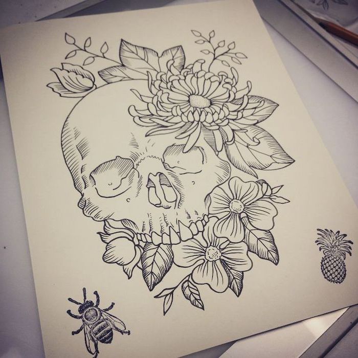 skull surrounded by flowers, pictures of flowers to draw, black pencil sketch, white background