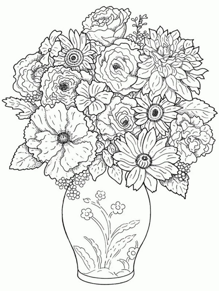 a bunch of flowers, inside a vase, cute flower drawings, black pencil sketch, on white background