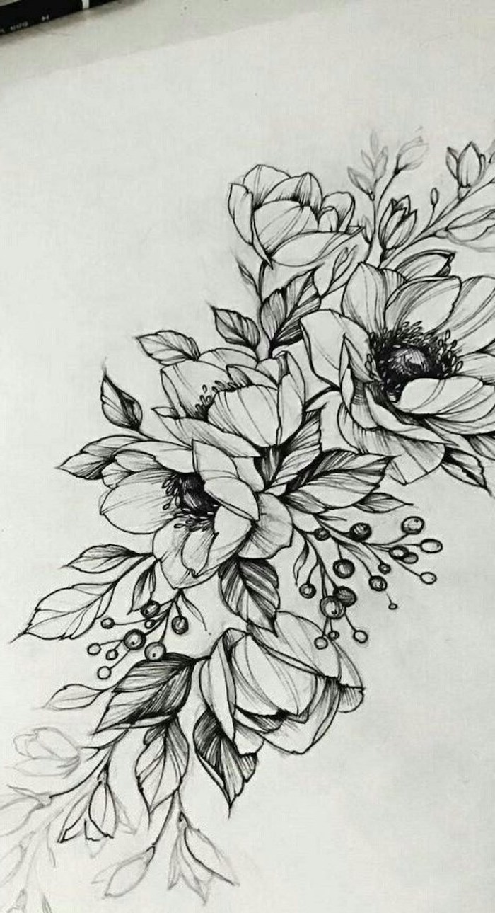 a bunch of flowers, cute flower drawings, black pencil sketch, on a white background