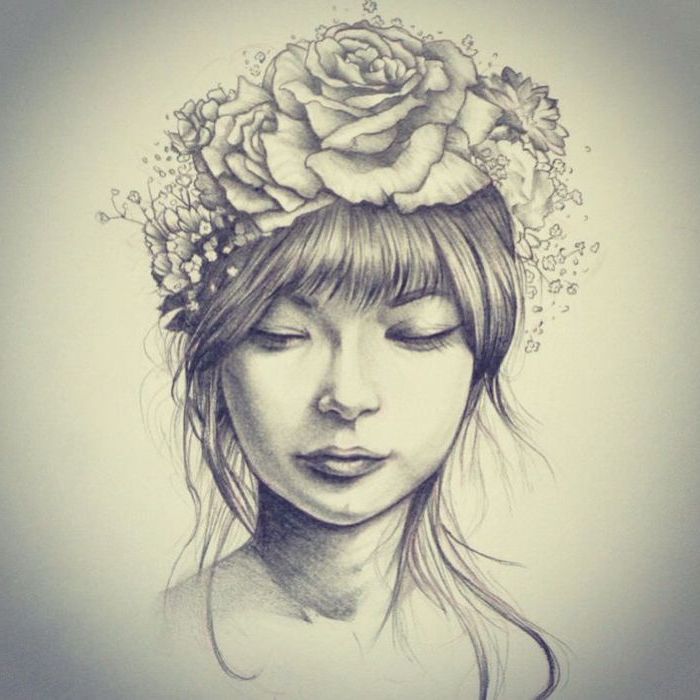 woman with bangs, wearing a flower crown, black pencil sketch, on white background