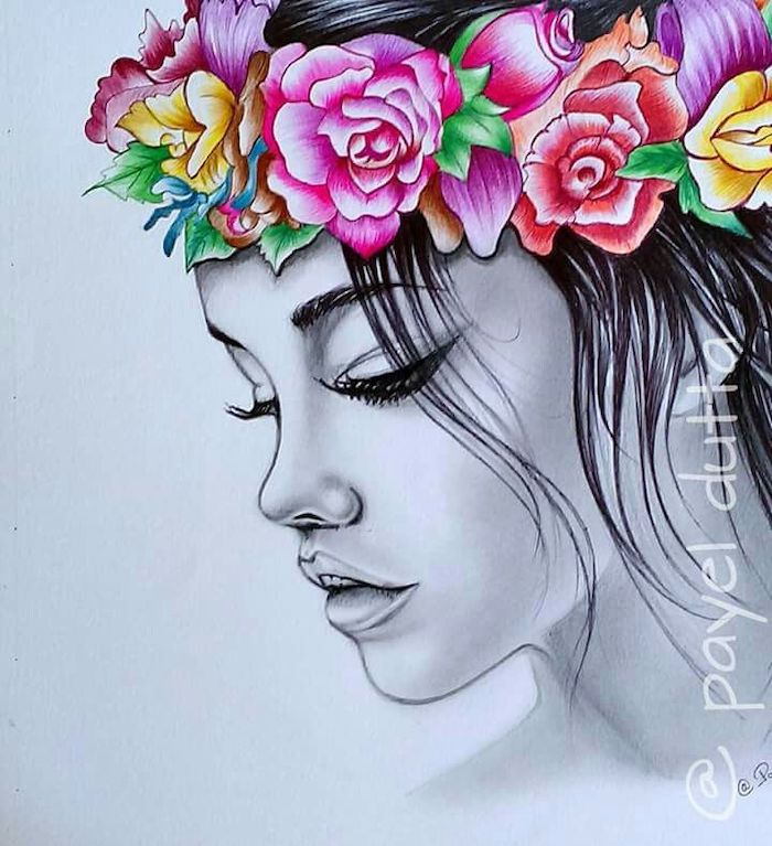 black pencil sketch, of female face, colored flower bouquet, cute flower drawings