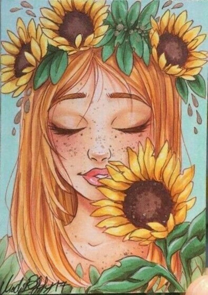 woman with blonde hair, sunflower crown, cute flower drawings, colored painting