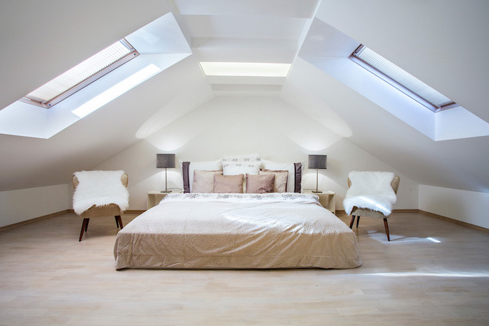 wooden floor, vault definition, white aesthetics, big skylights, king size bedroom, two armchairs