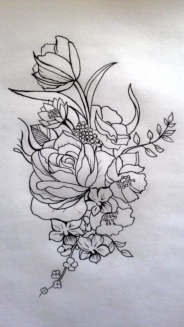 black and white, pencil sketch, flower thigh tattoo, flowers intertwined together