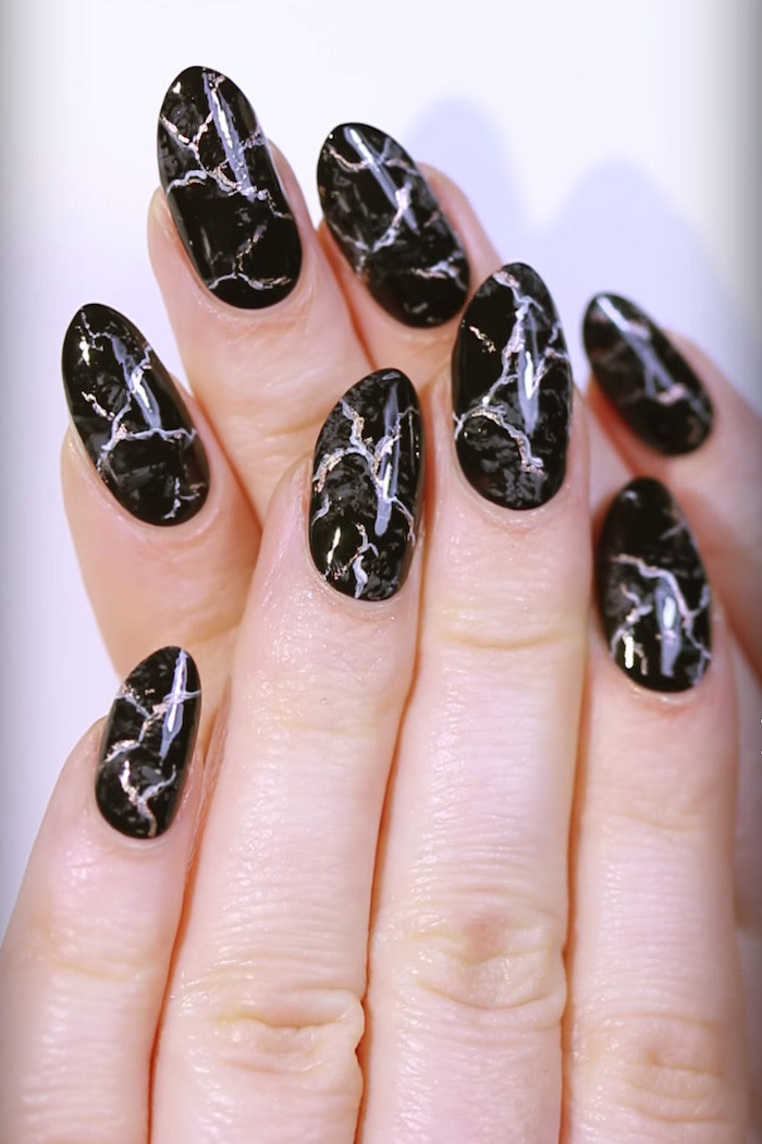 black and grey, silver glitter marble, fall nail colors, almond nails, white background