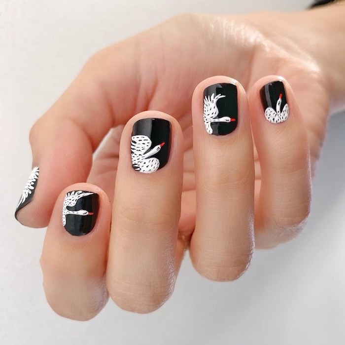 black nail polish, white storks, nail decorations, short squoval nails, white background, fall nail colors